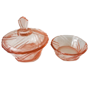 Art deco rosaline set geslepen kristal sieradendoosje en schaaltje roze 1930’s