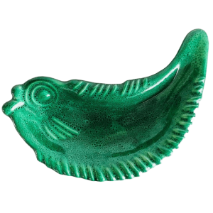 Antiek Art deco Frans Faience vis schaaltje groen geglazuurd keramiek vide-poche Majolica 1920’s