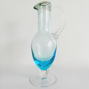 Vintage mid-century Italiaans Empoli kannetje blauw transparant groen gedraaid glas 1950’s