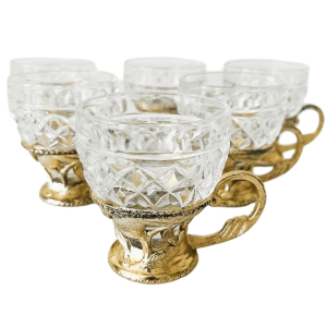 Vintage set glazen koffiekopjes in gouden kunststof houder 1970’s