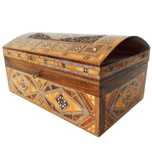 Vintage XL Khatam geometrische houten sieradendoos met slot parelmoer inlegwerk hout 1970’s