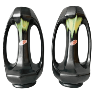 Antieke Thulin Art nouveau vazen mat zwart groen keramiek 1910’s