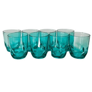 Vintage set 8 gedraaide glazen turquoise blauw Luminarc Arcoroc 1970’s