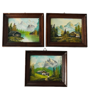 Set van drie olieverf schilderijtjes berglandschap houten lijst 1960’s