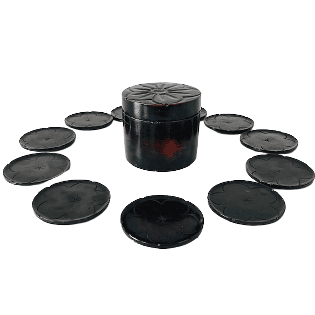 Japans antiek lakdoosje met 12 onderzetters gegraveerd 1920’s - Afbeelding 2