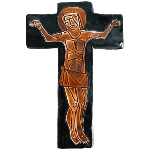 Mid-century Keramisch kruisbeeld Jezus aan het kruis keramiek wandkruis 1960’s