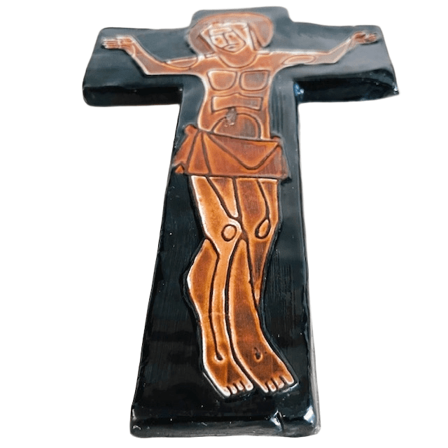 Mid-century Keramisch kruisbeeld Jezus aan het kruis keramiek wandkruis 1960’s - Afbeelding 3