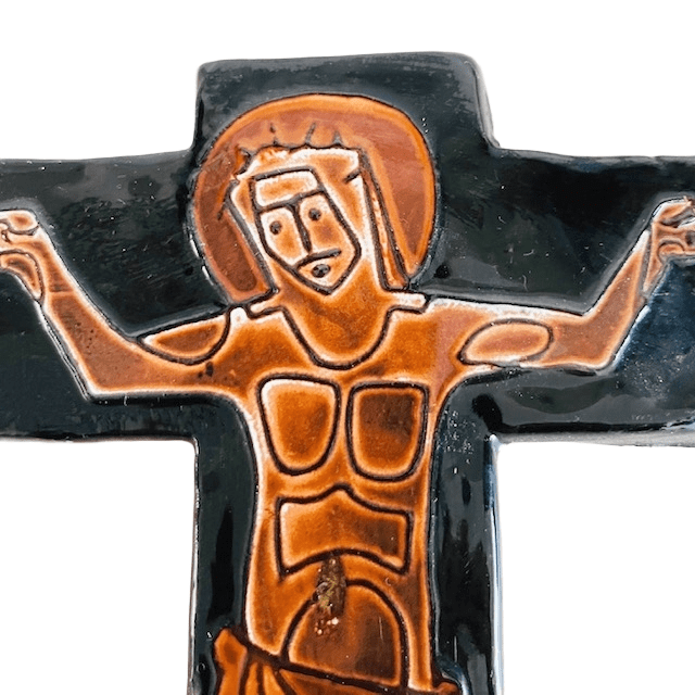 Mid-century Keramisch kruisbeeld Jezus aan het kruis keramiek wandkruis 1960’s - Afbeelding 4