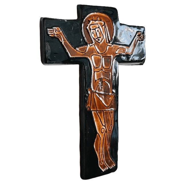 Mid-century Keramisch kruisbeeld Jezus aan het kruis keramiek wandkruis 1960’s - Afbeelding 5