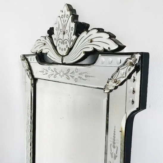 Antieke Venetiaanse spiegel geëtst spiegelglas bloemen spiegel 1900’s - Afbeelding 4