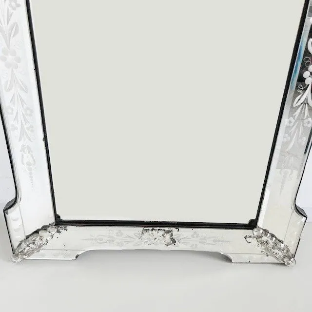 Antieke Venetiaanse spiegel geëtst spiegelglas bloemen spiegel 1900’s - Afbeelding 5