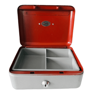 Vintage mid-century grijs geldkistje kluis Fortuna staal met werkende sleutel 1950’s