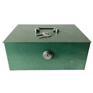 Vintage geldkist Frans Art Deco kluis geld kist kassa firebox groen metaal staal ijzer met sleutel 1950’s
