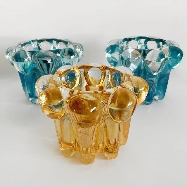 Set van 3 vintage waxinelichthouders Reims blauw amber glas 1960’s