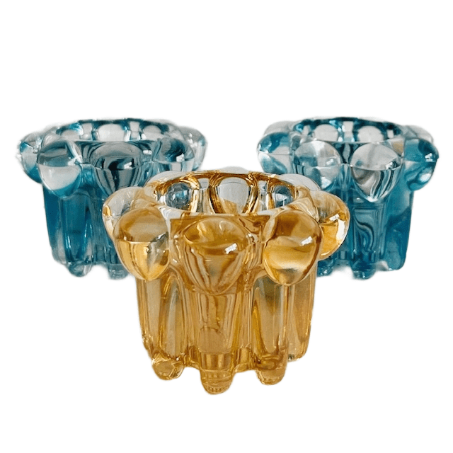 Set van 3 vintage waxinelichthouders Reims blauw amber glas 1960’s - Afbeelding 3