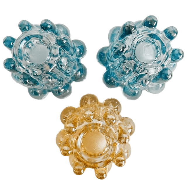 Set van 3 vintage waxinelichthouders Reims blauw amber glas 1960’s - Afbeelding 5