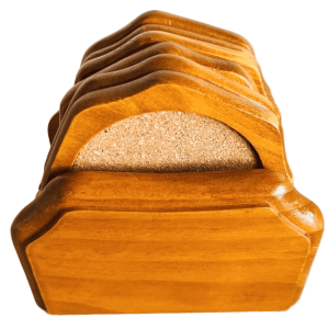 Set vintage mid-century houten onderzetters kurk in houder 1970’s