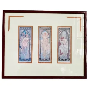 Vintage schilderij Mucha ingelijste prent vier jaargetijden 1990’s