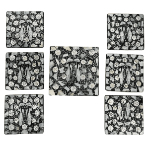 Vintage parelmoer abalone onderzetters oosters zwart in doosje 1980’s