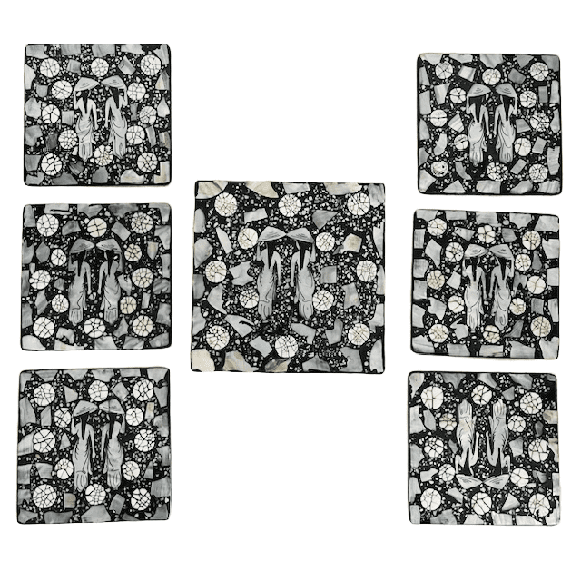 Vintage parelmoer abalone onderzetters oosters zwart in doosje 1980’s