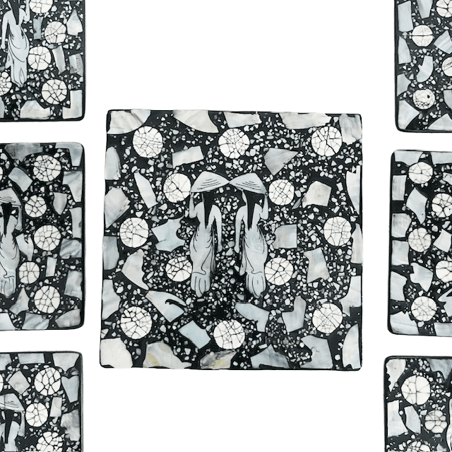 Vintage parelmoer abalone onderzetters oosters zwart in doosje 1980’s - Afbeelding 5