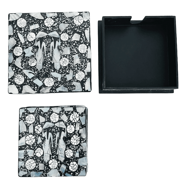 Vintage parelmoer abalone onderzetters oosters zwart in doosje 1980’s - Afbeelding 4