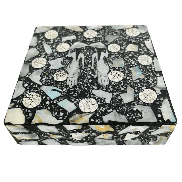 Vintage parelmoer abalone onderzetters oosters zwart in doosje 1980’s - Afbeelding 3