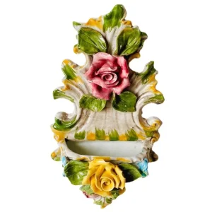 Wand wijwater bakje porselein Capodimonte bloemen 1960’s