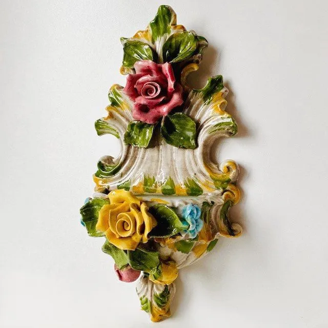 Wand wijwater bakje porselein Capodimonte bloemen 1960’s - Afbeelding 3