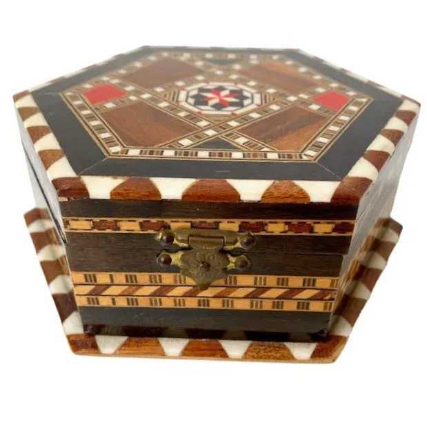 Hexagon geometrisch sieradendoosje hout parelmoer inlegwerk Khatam