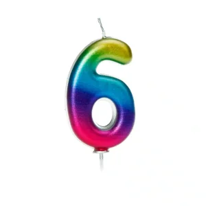 Number 6 Metallic Moulded Candle Rainbow