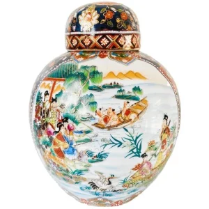 Vintage XL Chinese gemberpot Geisha’s bloemen blauw goud