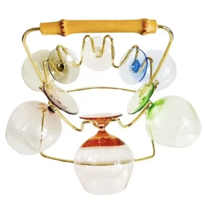 Midcentury cognac glaasjes set messing rek