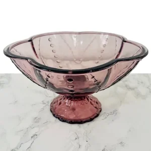 Vintage Boheems persglas schaal op voet paars roze
